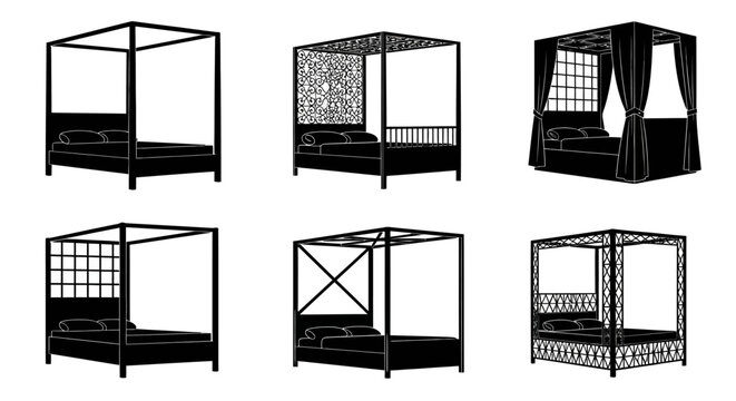 Detailed illustrations of six different canopy bed designs with various frame styles and curtains on a clean white background for interior design and furniture concept