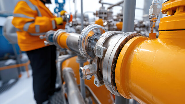 Industrial worker performing safety inspection on gas pipeline system, detecting potential leaks and ensuring operational integrity at a processing facility