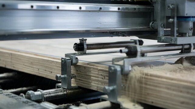 Closeup of automated machinery producing precise thin CLT panels tailored for lightweight flooring solutions in contemporary buildings.