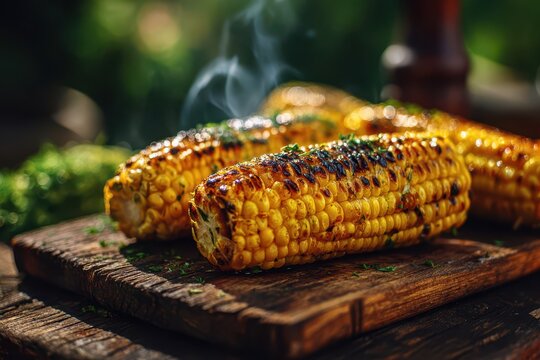 Golden grilled corn on the cob with melted butter and smoky char marks