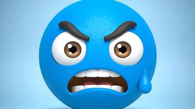 A 3D blue angry emoji with dark brows, wide eyes, and a teardrop