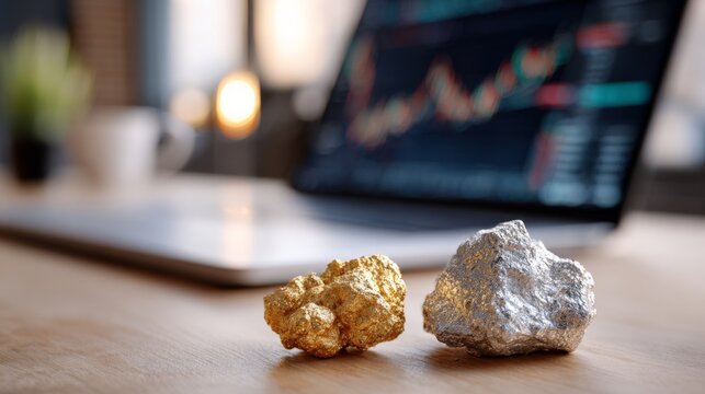 Gold and silver nuggets with stock market graph on laptop screen in background