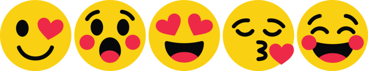 Cute Emoji Face Set with Love Kiss Smile and Laughing Expressions Cartoon Vector Illustration Collection