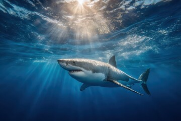 Fototapeta premium Great white shark beneath sunlit ocean: dramatic sunlight beams illuminate a sleek predator