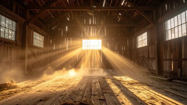 An old wooden barn interior with sunbeams streaming through window