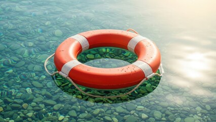 Orange Lifebuoy Floating on Calm Ocean Water