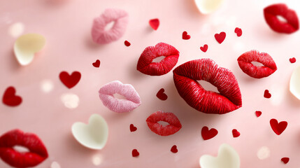 Fototapeta premium Colorful hearts and lips celebrate love. Red and pink lips with hearts surround a light pink background showing a festive feel for love and friendship.