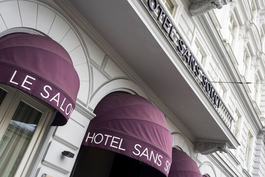 VIENNA, AUSTRIA - DECEMBER 04, 2017:   Detail of Hotel Sans Souci on Burggasse with sign