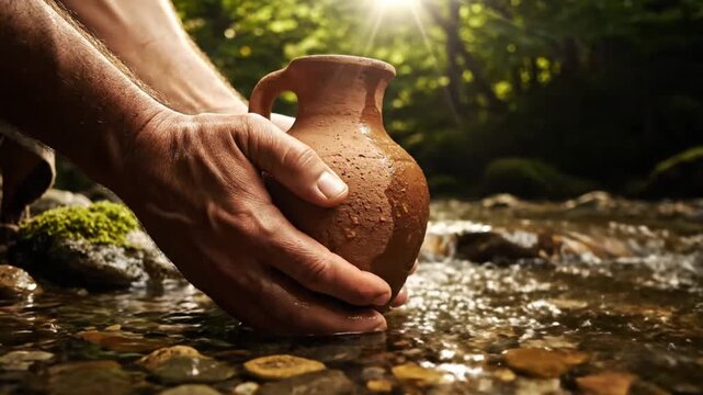 Man's hands holding a clay jug to collect water from a stream. Person gathering fresh water in a sunlit forest. Ancient biblical or historical concept . The life of biblical times. households