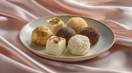 Plate of assorted desserts, including a white and brown one, sits on a table