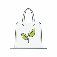 Line art illustration of a white reusable tote bag with a green leaf design, symbolizing eco-friendliness and sustainability.