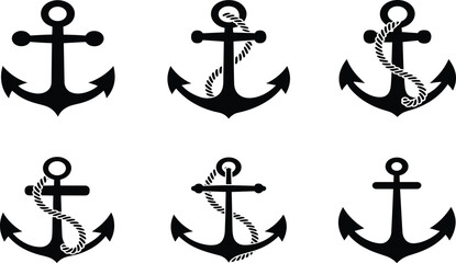 Nautical anchor silhouette icon set, maritime marine sailing symbols with rope, black flat vector ocean © Al