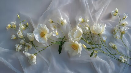 White flower arrangement is displayed on a white background