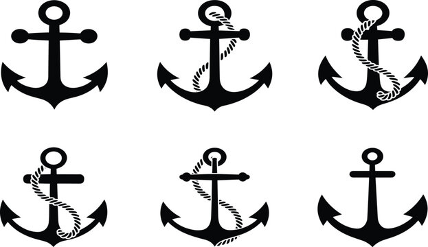 Nautical anchor silhouette icon set, maritime marine sailing symbols with rope, black flat vector ocean