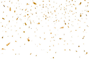 Gold confetti falling isolated on transparent background, party celebration.