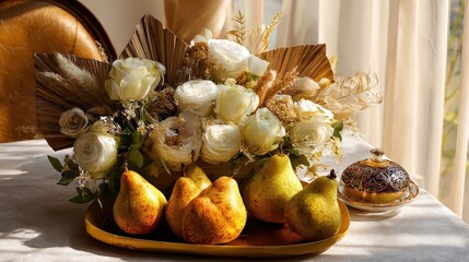 Table with a vase of flowers and a tray of pears