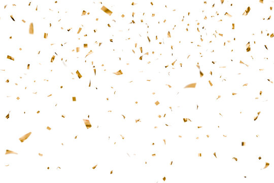 Gold confetti falling isolated on transparent background, party celebration.