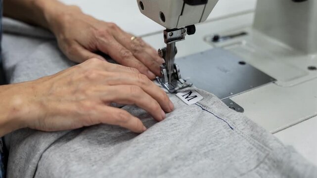 Medium shot of a worker sewing a side seam size tag onto a clothing item focusing on hand movements and label placement.