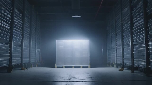 Glowing cargo container rests on a wooden pallet in a dimly lit industrial warehouse, creating an atmosphere of mystery and discovery in the storage facility