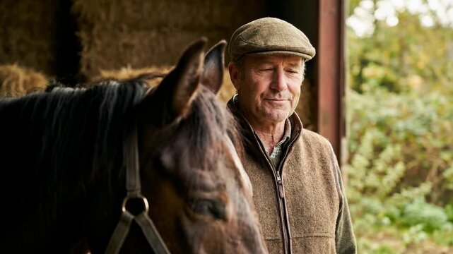 An older man stands next to a horse inside a barn. The setting features hay bales and green foliage visible in the background during the autumn season