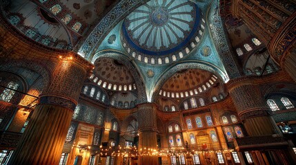 Obraz premium Magnificent Interior of Historic Mosque with Colorful Domes and Arches