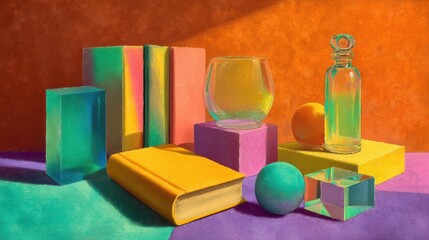 Painting of a table with a yellow book, a glass, and three balls