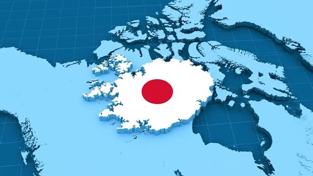 A 3D rendered world map highlighting the area of Japan with the flag