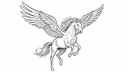 Obraz premium Majestic Pegasus Horse with Spreading Wings, Mythical Creature, Fantasy Art, Line Drawing