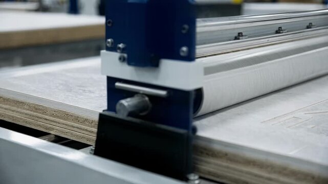 Closeup of machinery applying dense decorative highpressure laminate on kitchen countertops showcasing smooth bonding on substrate boards in a controlled manufacturing setting.