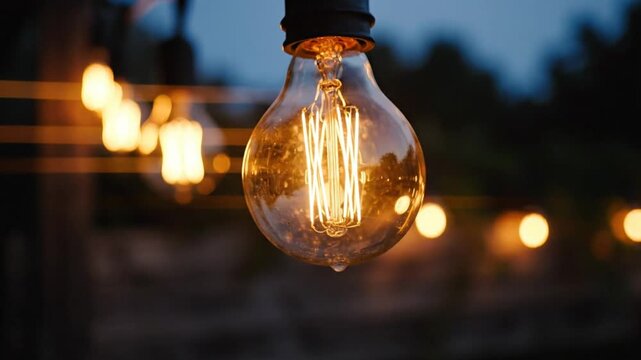 Close up view of warm glowing string lights on a dark evening illuminating a tranquil scene.