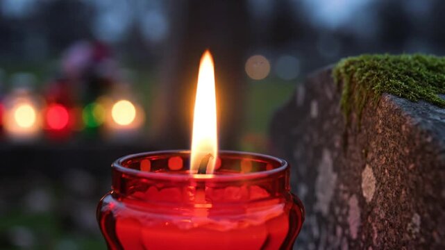 Burning Red Candle Flame in Memory with Blurred Cemetery Grave Stones and Lights in Background