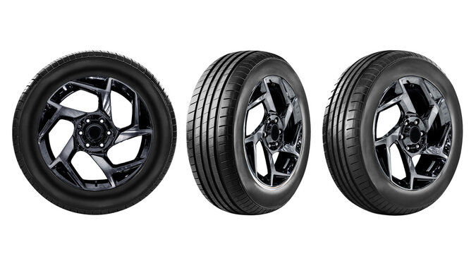 Wheel car , Car tire, Aluminum wheels, sport wheel and tire , Modern wheel rim, racing wheel and tire set photo isolated on white background.