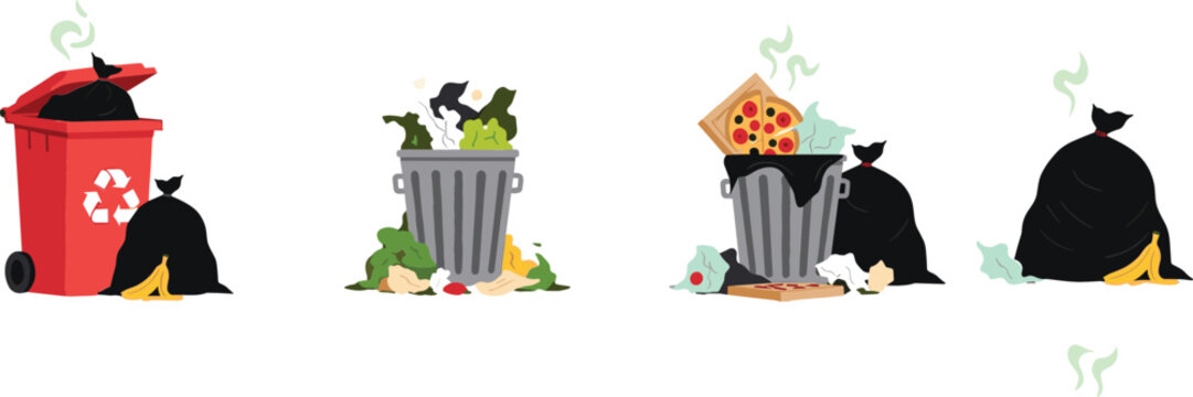 Flat vector illustration set of garbage cans, overflowing trash bins, recycling containers, and black waste bags with food scraps and litter