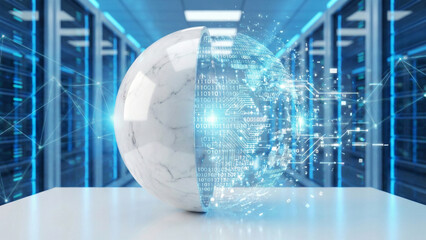 Fototapeta premium Artificial Intelligence Core Inside Marble Sphere in Data Center