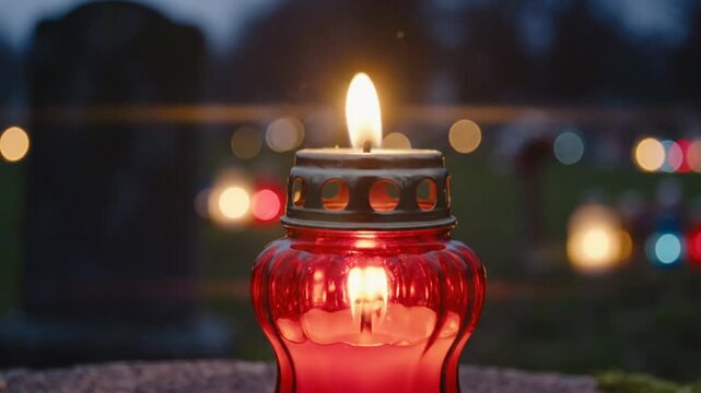 Burning candle inside a red jar in a dimly lit cemetery at night with other candles in the blurred background