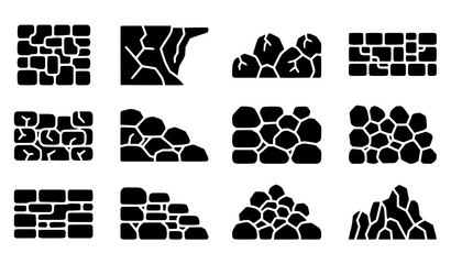 Boulder wall glyph icon set vector black stone rock construction symbols isolated on transparent background © MdAshik