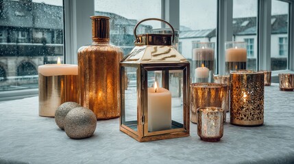 Table with many candles and lanterns, including a lantern with a handle