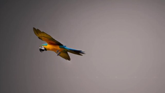 Vibrant blue and yellow macaw parrot captured mid-flight, showcasing magnificent wingspan against a softly blurred neutral background during its solitary aerial journey.