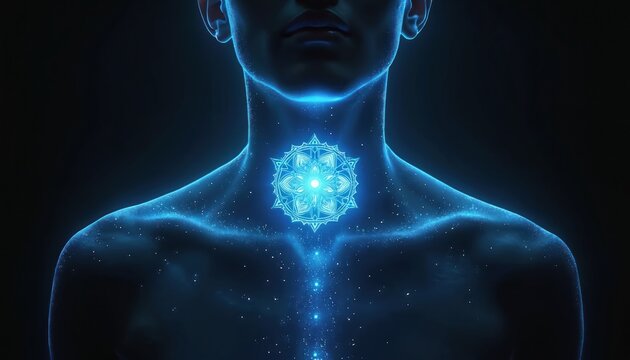 Blue glowing throat chakra mandala on human silhouette. Energy flow from chest to head. Concept of communication, truth, self expression, healing.