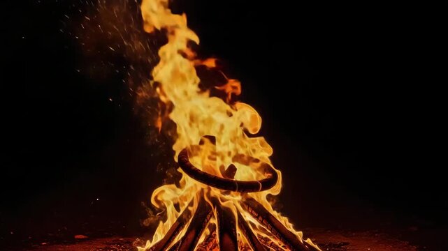 A large bonfire burns brightly in the dark with a pile of wood