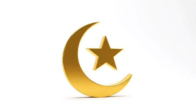 Golden crescent moon and star symbol illustration on a clean white background viewed from the front