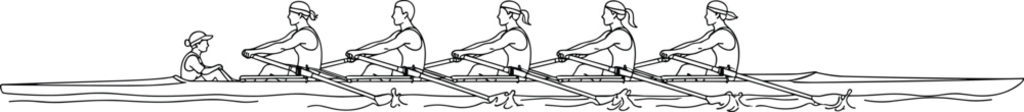 Rowing team illustration with rowers and coxswain, black and white vector line art design symbolizing teamwork, coordination, and water sport