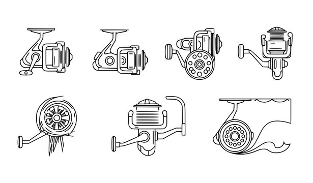 Fishing reel thin line icon set vector angling outdoor sport gear isolated on transparent background