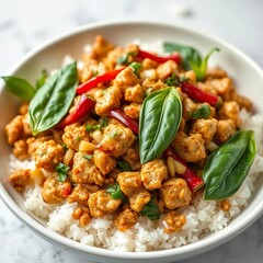 Minced chicken stir-fried with basil, chili, and garlic, served over rice,  graphic,  asian food