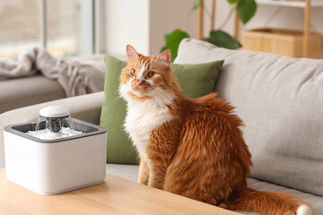 Cute ginger cat with automatic pet water fountain sitting on sofa in living room at home
