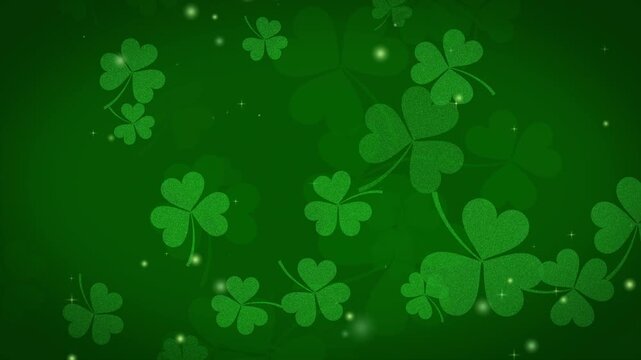 4K Shamrock Falling Animation, Clover leaves blowing on green bokeh background,  St. Patrick's day background 