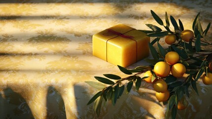 Box of soap sits on a table next to a bunch of oranges