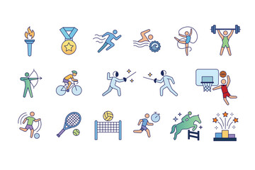 Vibrant flat line vector icons illustrating various individual and team sports, athletic competitions, and achievement symbols in a modern graphical style