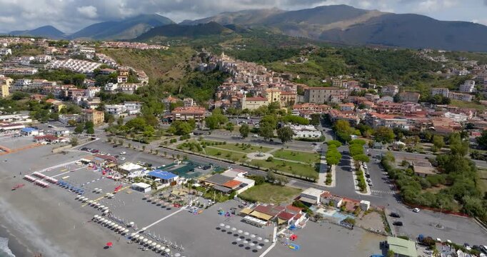 Panoramic aerial view of the seafront and the city of Scalea, located in the province of Cosenza, Italy. It is a summer tourist destination on the Tyrrhenian coast of Calabria. It's a summer morning.