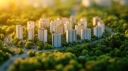 Fototapeta premium miniature cityscape with white buildings and roads surrounded by green trees